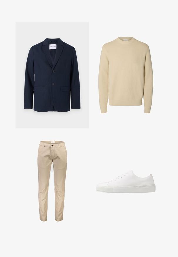 Blazer azul marino hecho de tejido suave, con solapas de muesca, cierre de dos botones y dos bolsillos frontales para mayor utilidad.; Jersey de punto beige liso con cuello redondo, mangas largas y puños y bajo acanalados.; Pantalones de algodón beige con diseño de pierna recta, que cuentan con bolsillos delanteros, cierre de cremallera y un solo botón. Textura lisa, sin estampados.; Zapatilla blanca de cuero con un acabado suave, puntera redonda y seis ojales para los cordones. Cuenta con una suela de goma texturizada y un diseño minimalista.
