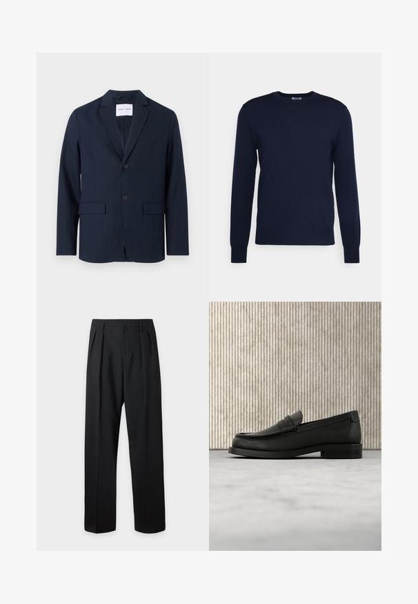 Blazer bleu marine en tissu lisse, avec un col cranté, un devant à deux boutons et deux poches avant pour plus de praticité.; Pull en tricot bleu marine avec col rond et manches longues. Doté de poignets et d'un ourlet côtelés, fabriqué dans un matériau doux et léger.; Pantalon noir taille haute, sur-mesure, avec passants pour ceinture, plis sur le devant, fermeture par bouton et jambes droites larges sur fond clair.; Mocassin homme en cuir noir avec bout arrondi et petit talon, présenté sur un fond à lignes verticales texturées sur un sol lisse.