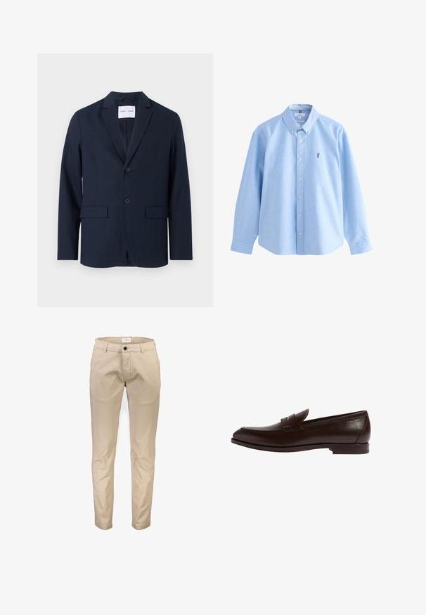 Marineblauer Blazer aus glattem Stoff, mit Reverskragen, zweiknöpfigem Verschluss und zwei Fronttaschen für zusätzlichen Nutzen.; Hellblaues Hemd aus glattem Stoff mit Knopfleiste. Es hat einen Kragen, lange Ärmel und ein kleines gesticktes Logo auf der Brust.; Beige Baumwollhosen mit geradem Bein, ausgestattet mit Vordertaschen, Reißverschluss und einem einzelnen Knopfverschluss. Glatte Textur, ohne Muster.; Brauner Lederloafer mit gerundetem Zehenbereich, genähten Details und einem dezenten Bandakzent. Schlankes Profil mit flacher Gummisohle.