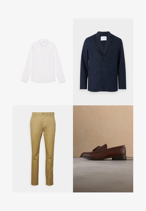 Navy blue blazer made of smooth fabric, featuring a notched lapel, two-button front, and two front pockets for utility.; White long-sleeve button-up shirt made of cotton. Features a classic collar, front buttons, and a smooth texture with no visible patterns.; Khaki chinos made of smooth cotton, featuring a classic straight leg design, front pocket, and a single button closure at the waist.; Brown leather tassel loafer floating above a textured beige rug with a round wooden table and stacked books in the background.