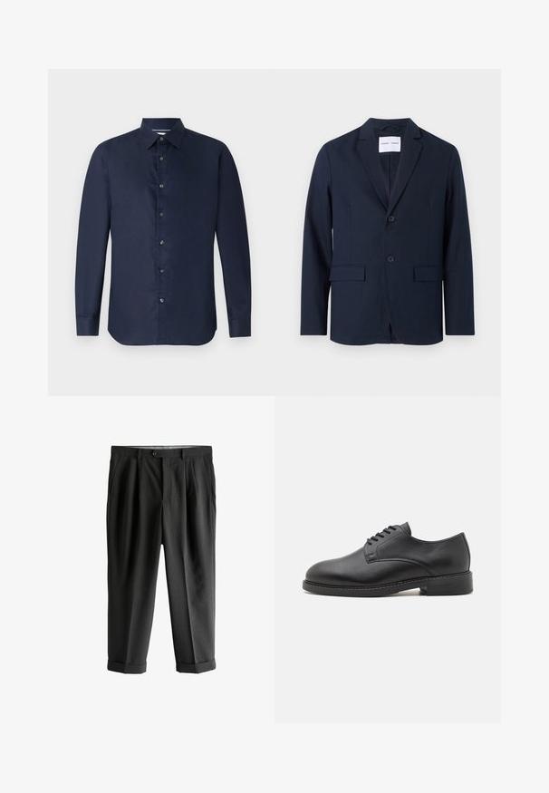 Marineblauer Blazer aus glattem Stoff, mit Reverskragen, zweiknöpfigem Verschluss und zwei Fronttaschen für zusätzlichen Nutzen.; Navy langärmliges Hemd mit Button-Down-Kragen, glatter Textur und durchgehender Knopfleiste; bietet eine taillierte Passform und abgerundetem Saum.; Schwarze formelle Hose mit Falten, Knopfverschluss, Seitentaschen und umgeschlagenen Säumen.; Schwarze Leder-Oxfordschuhe mit runder Zehenform, glatter Oberfläche, fünf Ösen für die Schnürung und niedrigem, gestapeltem Absatz.