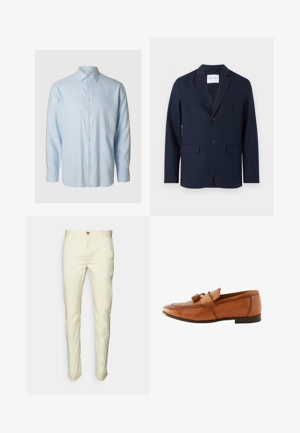 Marineblauer Blazer aus glattem Stoff, mit Reverskragen, zweiknöpfigem Verschluss und zwei Fronttaschen für zusätzlichen Nutzen.; Helles blaugraues Langarmshirt aus weichem Stoff, mit klassischem Kragen und knöpfbarem Vorderteil mit sechs passenden Knöpfen.; Hellbeige Chinos mit geradem Schnitt, aus Baumwollstoff gefertigt, mit Knopfverschluss und Fronttaschen. Glatte Textur, minimalistische Details.; Braune Leder-Bescuhschuhe mit einer strukturierten Einlage und Quastenverzierung, runder Zehenform und flacher Sohle.