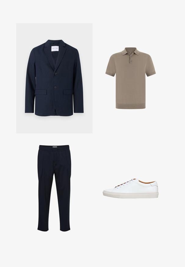 Marineblå blazer lavet af glat stof, med en klapkrave, to-knap front og to frontlommer til praktisk brug.; Polo-shirt i taupe med en struktureret finish, korte ærmer og en krave. Har treknaps-lukning og ribbede manchetter.; Marineblå skræddersyede bukser med snoretræk i taljen, plisseret front og tætsiddende ankler. Fremstillet af et glat, let materiale.; Hvid lædersneaker med en tekstureret gummisål, rund tå og kontrasterende tanfarvet inderside. Har fem snørehuller og hvide snørebånd.