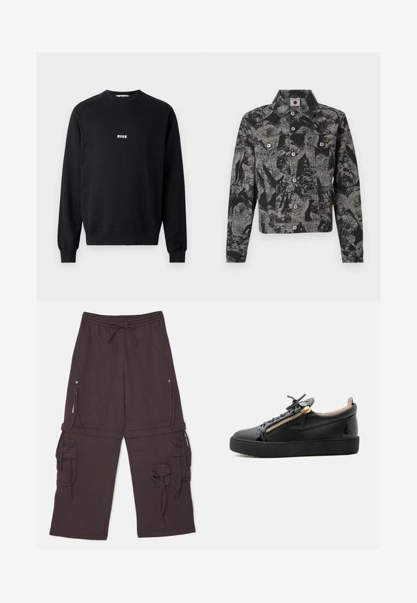 Veste en jean noire et grise avec un motif abstrait, fermeture à boutons, deux poches avant et un col pointu. Tissu texturé.; Sweatshirt noir en coton mélangé, avec un col rond, des manches longues, des poignets côtelés et un logo MSGM blanc sur la poitrine.; Pantalons de survêtement marron avec une taille élastique, cordon de serrage ajustable, deux poches latérales zippées et des accents de style cargo avec des liens.; Baskets en cuir noir avec semelle épaisse, fermeture éclair latérale dorée et lacets noirs, présentées de profil sur un fond gris clair.