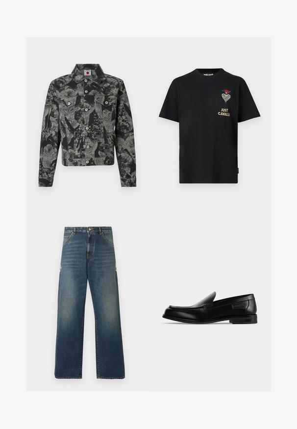 Veste en jean noire et grise avec un motif abstrait, fermeture à boutons, deux poches avant et un col pointu. Tissu texturé.; T-shirt noir à manches courtes avec col rond, motif de cœur floral brodé et texte "JUST CAVALLI" sur la poitrine gauche.; Jean en denim bleu à jambes droites avec taille mi-haute, design classique à cinq poches et légère décoloration subtile sur les cuisses et les genoux.; Mocassin noir en cuir à enfiler avec un petit talon, un bout arrondi et des surpiqûres décoratives le long du bord supérieur.