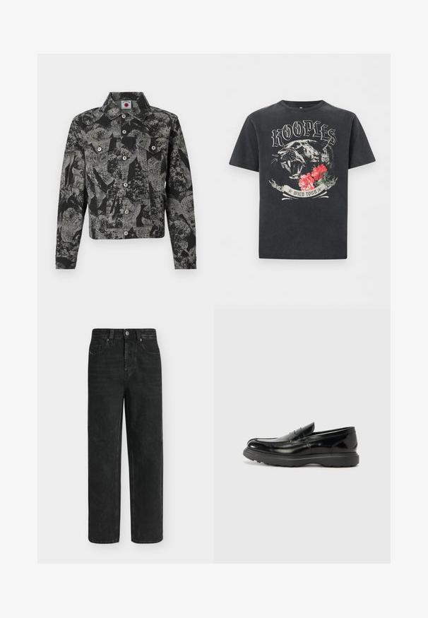 Veste en jean noire et grise avec un motif abstrait, fermeture à boutons, deux poches avant et un col pointu. Tissu texturé.; T-shirt noir avec une panthère rugissante, des fleurs rouges et le texte stylisé « KOOPLES » au-dessus et « WILD TOUR » en dessous du graphisme.; Jean noir coupe droite avec taille haute, bouton et fermeture éclair à l'avant, poches latérales et arrière, présenté sur un fond clair uni.; Mocassin en cuir noir avec une finition brillante, bout arrondi, détails de couture subtils et semelle en caoutchouc épaisse pour la durabilité.