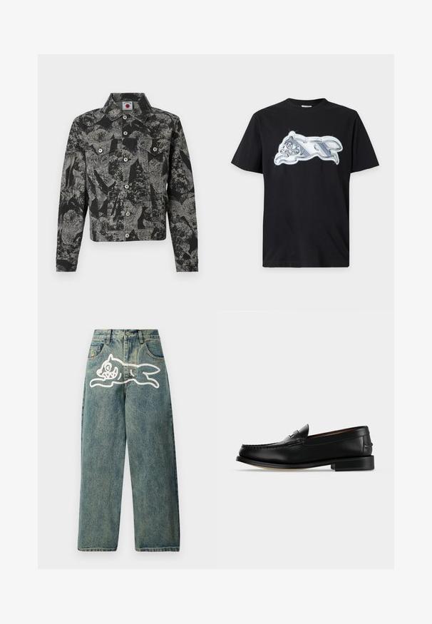 Sort og grå denimjakke med abstrakt mønster, knaplukning, to frontlommer og spidst krave. Tekstureret stof.; Sort t-shirt med korte ærmer med en skinnende sølvmetalisk grafik af et løbende dyr på brystet.; Lyseblå denimjeans med en løs pasform, der har et stort hvidt kattegrafik på venstre ben og et traditionelt femlomme-design.; Sort læder herre loafer med lav hæl og mokkasinsyning på tåen, vist fra siden på en ensfarvet baggrund.