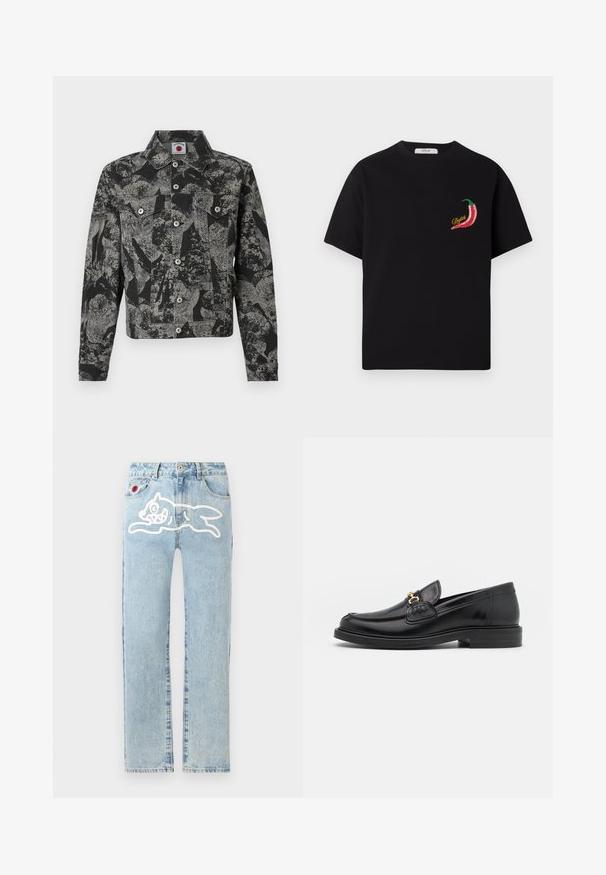 Sort og grå denimjakke med abstrakt mønster, knaplukning, to frontlommer og spidst krave. Tekstureret stof.; Sort T-shirt med korte ærmer med lille rød chili og gul tekst "Replay" på venstre bryst.; Icecream RUNNING DOG PANT - Jeans Straight Leg - heavy wash blue; Sorte læder loafers med en rund tå, der har guld hardware accent og syningsdetaljer, placeret på en lav, tekstureret gummisål.
