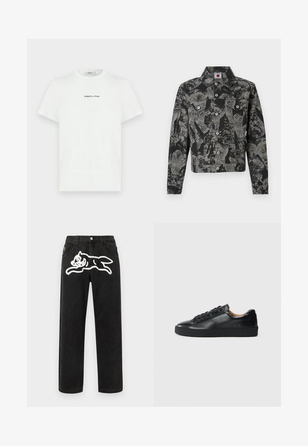 Schwarze und graue Jeansjacke mit abstraktem Muster, Knopfverschluss, zwei Vordertaschen und spitzem Kragen. Strukturierter Stoff.; Weißes Baumwoll-T-Shirt mit kurzen Ärmeln und Rundhalsausschnitt. Auf der Brust befindet sich ein schwarzes "REPLAY"-Logo. Glatte Textur.; Schwarze Jeans aus Denim mit lockerem Schnitt, ausgestattet mit einem weißen, bestickten Katzendesign auf der Rückseite und einem Knopfverschluss an der Taille.; Schwarze Leder-Sneaker mit glatter Textur, runder Zehenpartie und Schnürverschluss. Verfügt über eine dicke Gummisohle und minimalistische Marken-Details.