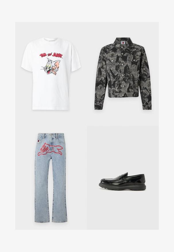 Veste en jean noire et grise avec un motif abstrait, fermeture à boutons, deux poches avant et un col pointu. Tissu texturé.; T-shirt blanc à manches courtes avec des visages de dessin animé de Tom le chat et Jerry la souris, avec le texte "Tom et Jerry" en rouge au-dessus.; Jean en denim bleu clair avec une coupe droite, ornés d'un grand graphique de chat cartoon rouge au dos, et un style traditionnel à cinq poches.; Mocassin en cuir noir avec une finition brillante, bout arrondi, détails de couture subtils et semelle en caoutchouc épaisse pour la durabilité.