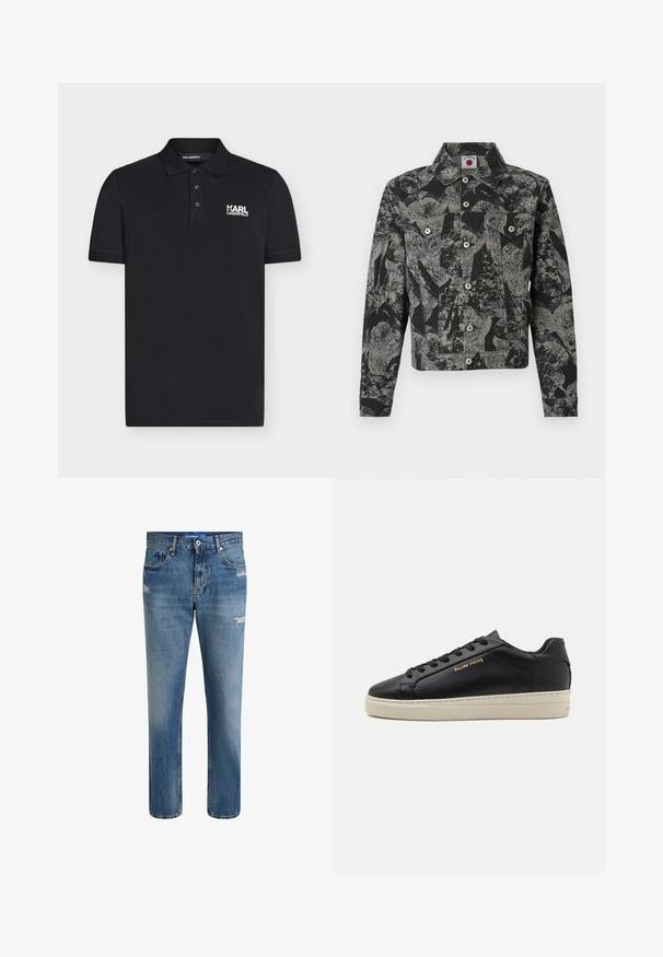 Veste en jean noire et grise avec un motif abstrait, fermeture à boutons, deux poches avant et un col pointu. Tissu texturé.; Polo noir à manches courtes avec trois boutons et logo blanc "KARL LAGERFELD" sur la poitrine gauche.; Jean en denim bleu clair avec une coupe droite, présentant des décolorations subtiles et des accents usés. Comprend une fermeture à bouton et cinq poches.; Sneaker en cuir noir avec une finition lisse, semelle crème contrastante, bout arrondi, logo doré sur le côté et six œillets pour les lacets.