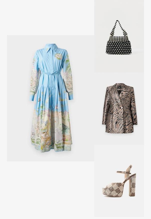 Metallic bronzefarvet blazer med sorte zebra-striber, der har et dobbeltknapdesign, klapkrave og to frontlommer.; Lyseblå kjole med lange printede ærmer, der har farverige illustrationer; krave, bundet talje og plisseret nederdel.; Højhælet platårsandal med ankrem, beige ternet stof og pyntet med små iriserende perler og perler.; Sort-hvid perlebesat håndtaske med kort håndtag, der har skiftevis perleagtige og sorte facetterede perler i et ternet mønster.