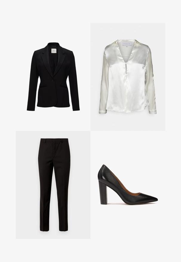 Zwarte blazer van gladde stof, met een geknikte kraag, enkele knoopsluiting en twee vo pockets. Eenvoudig, op maat gemaakt ontwerp.; STUDIO ID ALYSSA - Blouse - champagne; Zwarte op maat gemaakte broek met een recht pijpontwerp, gemaakt van gladde stof, met een rechte uitvoering aan de voorkant en riemlussen. Geen zichtbare patronen of accenten.; Zwarte leren hoge hakpomp met een spitse neus, textuurafwerking en een chunky blokhak. Eenvoudig ontwerp met een gladde binnenvoering.