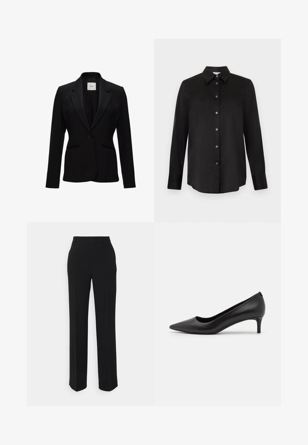 Schwarzer Blazer aus glattem Stoff, mit Reverskragen, einer Einzelknopfverschluß und zwei frontalen Taschen. Einfaches, tailliertes Design.; Schwarzes langärmliges Hemd mit spitzem Kragen und sieben Knöpfen, auf hellgrauem Hintergrund dargestellt.; Schwarze, gerade geschnittene Hosen mit glatter Textur. Verfügt über einen Bund und keine sichtbaren Muster oder Akzente. Klassisches und maßgeschneidertes Design.; Schwarze Leder-Pumps mit spitzer Zehenpartie und niedrigem Absatz. Glatte Textur, elegantes Design und subtile Details am Absatz.