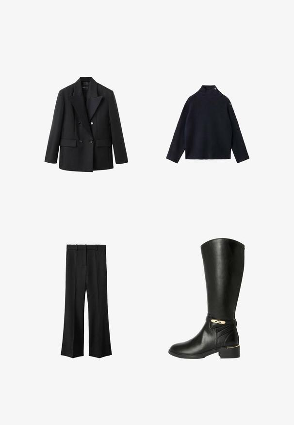 Sort dobbeltbrystet blazer med en indhakskrave, to frontlommer, struktureret design og glat stoftekstur.; Marineblå ribstrikket rullekravesweater med høj krave, tre metal trykknapper på skulderen og løstsiddende ærmer.; Sorte brede bukser med flad front, bæltestropper og to sidelommer. Lavet af et struktureret stof, der har en skræddersyet pasform.; Sorte knæhøje støvler i glat læder med en guld-tone accent og spænde. Har en blokhæl og detaljeret syning på siden.