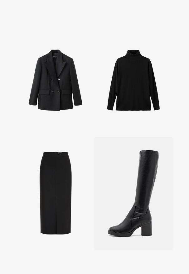 Schwarzer doppelt geknöpfter Blazer mit Reverskragen, zwei Fronttaschen, strukturierter Gestaltung und glatter Stofftextur.; Schwarzer Rollkragenpullover mit langen Ärmeln, einfacher, glatter Textur und lockerem Schnitt, auf weißem Hintergrund dargestellt.; Schwarzer Midirock mit hoher Taille, Bleistiftschnitt, vorderem Schlitz und verdecktem Reißverschluss vor weißem Hintergrund.; Schwarze knielange Stiefel aus glattem Leder mit einem breiten Absatz und einer abgerundeten Spitze. Mit nahtlosem Design und subtilen Nähakzenten.
