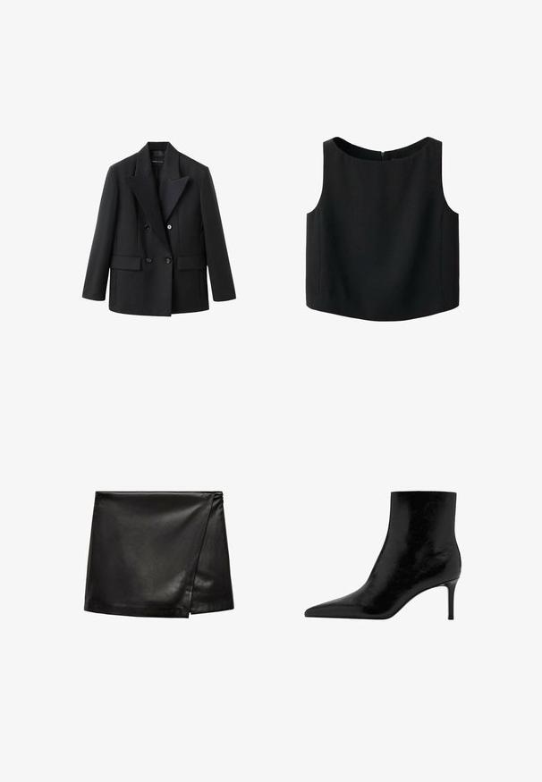 Sort dobbeltbrystet blazer med en indhakskrave, to frontlommer, struktureret design og glat stoftekstur.; Sort ærmeløs top med rund halsudskæring og glat stoftekstur. Har en diskret lynlås bagpå og en lige nederkant.; Sort læder mini nederdel med en omslagsdesign, der har en glat tekstur og minimalistisk stil. Ingen synlig hardware eller mønstre.; Sort ankelstøvle med spidse tådesignet, lavet af blank læder. Har en stilettohæl og glat tekstur. Ingen synlige dekorationer.