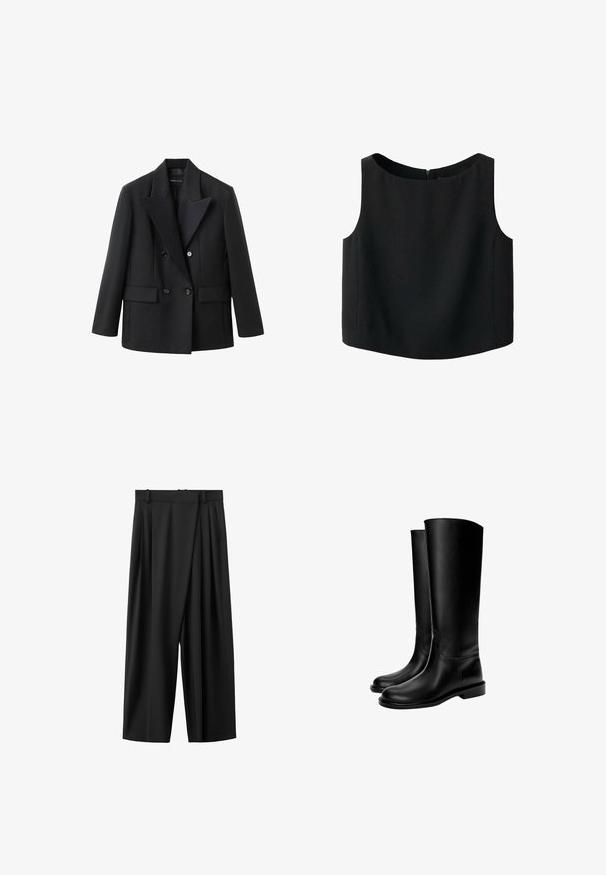 Sort dobbeltbrystet blazer med en indhakskrave, to frontlommer, struktureret design og glat stoftekstur.; Sort ærmeløs top med rund halsudskæring og glat stoftekstur. Har en diskret lynlås bagpå og en lige nederkant.; Sorte bukser med vide ben, høj talje, frontplisseringer, bæltestropper og skjult lukning foran.; Sorte knæhøje læderstøvler med en glat tekstur, rund tå, flad sål og minimalistisk design, der har syede sømme og ingen synlige metaldele.