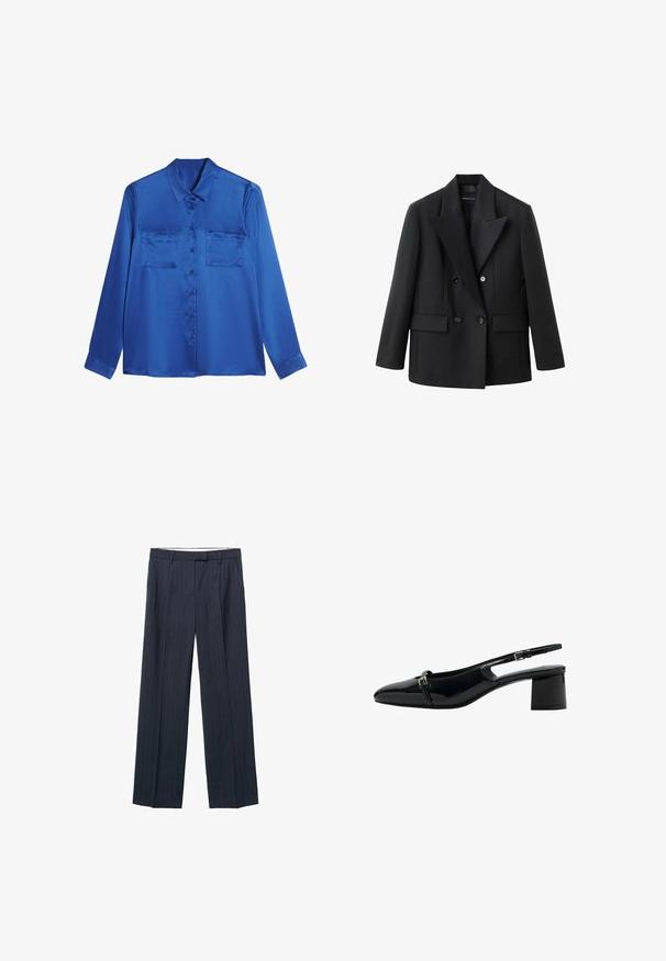 Schwarzer doppelt geknöpfter Blazer mit Reverskragen, zwei Fronttaschen, strukturierter Gestaltung und glatter Stofftextur.; Satinblaue Bluse mit kragenförmigem Halsausschnitt, langen Ärmeln, zwei Brusttaschen und Knopfverschluss vorne. Glatte, glänzende Textur.; Marineblau gestreifte Hose, weitem Bein, maßgeschneidertes Design, Falten vorne, Gürtelschlaufen und ein Reißverschluss. Glatte Stofftextur.; Schwarzer Slingback-Schuh aus Lackleder mit niedrigem Blockabsatz und kleinem Metallverschluss an der Seite.