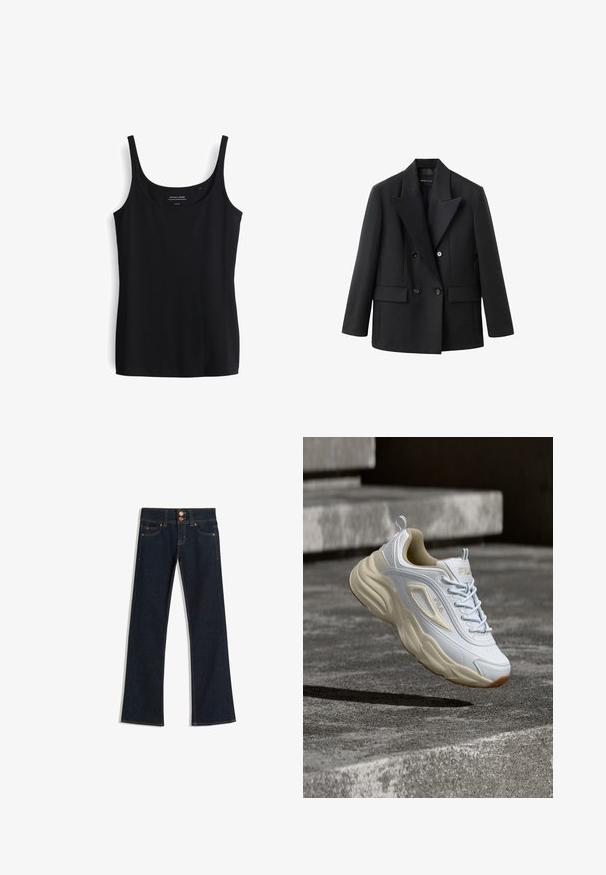 Schwarzer doppelt geknöpfter Blazer mit Reverskragen, zwei Fronttaschen, strukturierter Gestaltung und glatter Stofftextur.; Schwarzes Tanktop mit dünnen Trägern, aus weichem, dehnbarem Material. Hat ein einfaches, enganliegendes Design und einen runden Ausschnitt.; Dunkelblaue, ausgestellte Jeans aus Denim mit fünf Taschen, Doppelknopfverschluss und kontrastierender Steppnaht entlang der Nähte. Strukturierte Stoffoberfläche.; Weißer und beiger FILA-Sneaker mit dicker Sohle, der über strukturierten Betontreppen schwebt und einen Schatten darunter wirft.