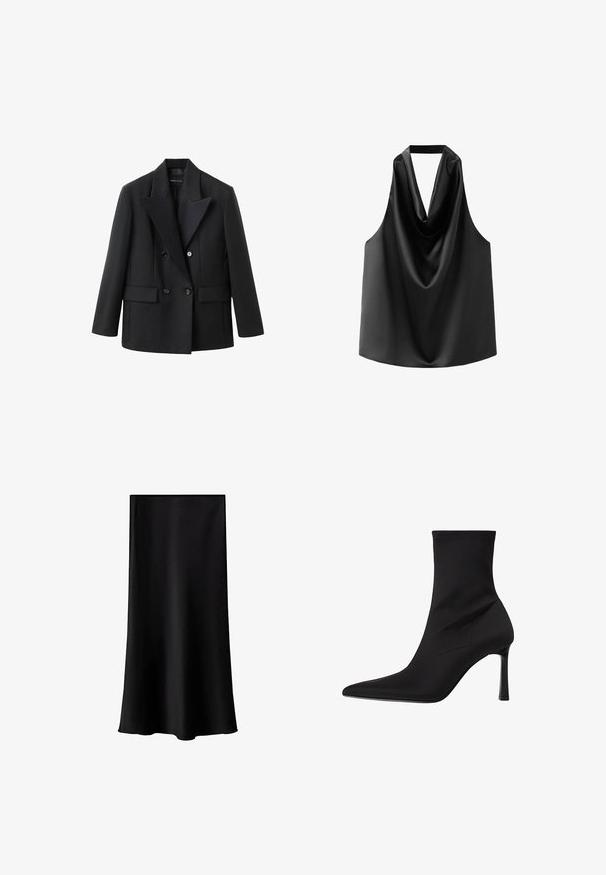 Sort dobbeltbrystet blazer med en indhakskrave, to frontlommer, struktureret design og glat stoftekstur.; Sort ærmeløs top lavet af glat satin, med en draperet halsudskæring og en løs pasform med en afrundet kant. Ingen synlige detaljer eller mønstre.; Sort midi-nederdel lavet af glat, letvægtsstof. Den har en lige skæring, ingen synlig hardware og et enkelt design uden mønstre.; Sorte ankelstøvler lavet af glat stof, med spidse tåer, slank tætsiddende design og høje stiletter, med minimal syning.