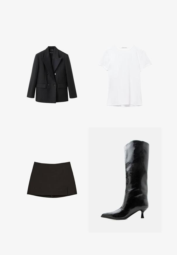 Blazer noir croisé à double boutonnage avec un revers cranté, deux poches avant, une coupe structurée et une texture de tissu lisse.; T-shirt blanc à manches courtes en tissu lisse, avec un col rond et de subtils détails de couture à l'ourlet.; Mini-jupe noire en tissu lisse, avec une coupe droite, des fentes latérales et un ourlet net. Simple et polyvalente.; Botte en cuir noire brillante, haute jusqu'au genou, avec bout pointu et talon bas courbé sur un fond clair uni.