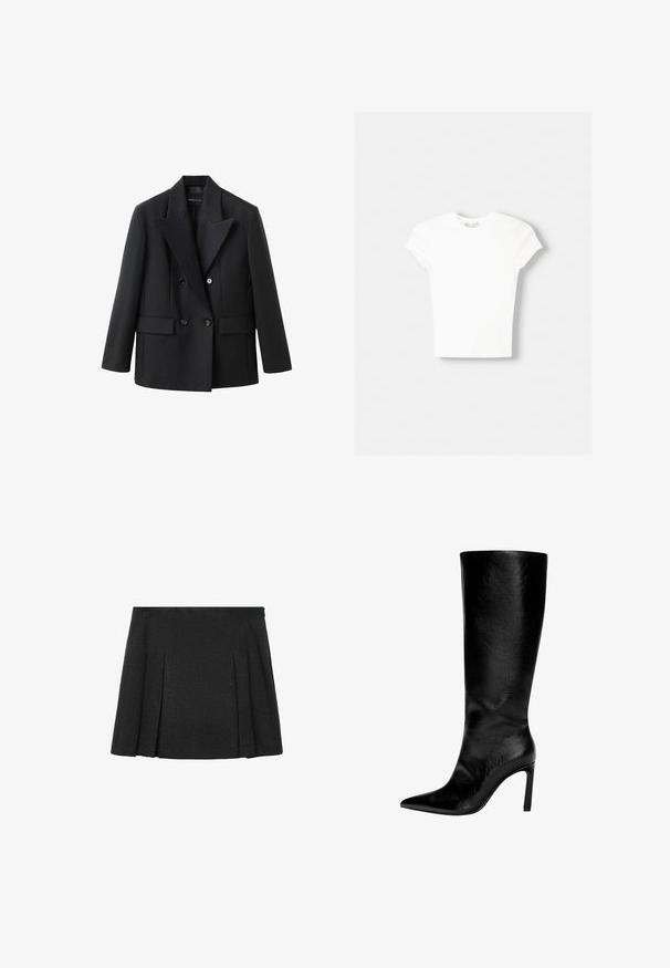 Blazer noir croisé à double boutonnage avec un revers cranté, deux poches avant, une coupe structurée et une texture de tissu lisse.; T-shirt blanc à manches courtes en coton doux, avec un col rond et une coupe ajustée. Pas de motifs ni d'ornements visibles.; Jupe mini plissée noire avec une texture lisse, dotée d'une taille et de plis régulièrement espacés qui créent une silhouette évasée.; Botte en cuir noir montée jusqu'au genou, avec un bout pointu, un talon aiguille haut, une finition lisse et un design simple et épuré sans ornements.