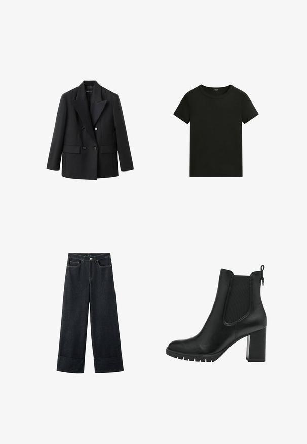 Schwarzer doppelt geknöpfter Blazer mit Reverskragen, zwei Fronttaschen, strukturierter Gestaltung und glatter Stofftextur.; Schlichtes schwarzes T-Shirt mit kurzen Ärmeln und Rundhalsausschnitt, schlichtem, tailliertem Design vor weißem Hintergrund.; Weit geschnittene Jeans aus dunklem Denim mit umgeschlagenem Saum, vorderen Taschen und kontrastierenden Nähten. Hergestellt aus robustem Denim-Stoff für hohe Haltbarkeit.; Tamaris CHELSEA - Plateaustiefelette - black