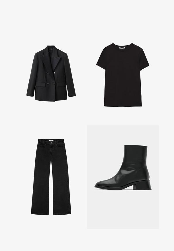 Sort dobbeltbrystet blazer med en indhakskrave, to frontlommer, struktureret design og glat stoftekstur.; Sort kortærmet t-shirt i bomuld med rund halsudskæring, standard pasform og synlig indvendig halsmærkat.; Sorte høj talje vidde jeans med for- og møntlommer, knaplukning og bæltestropper.; Sort ankelstøvle lavet af blank læder, med et strømlinet design, spids tå og en moderat blokhælhøjde for stabilitet.