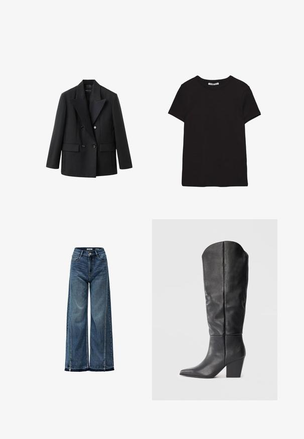 Schwarzer doppelt geknöpfter Blazer mit Reverskragen, zwei Fronttaschen, strukturierter Gestaltung und glatter Stofftextur.; Schwarzes, kurzärmliges Baumwoll-T-Shirt mit rundem Halsausschnitt, Standardpassform und sichtbarem innerem Nackenetikett.; Weite blaue Denim-Jeans mit hoher Taille, die subtile Verwaschungen, Kontrastnähte und einen rohen Saum am Knöchel aufweisen.; Schwarze kniehohe Stiefel aus Leder mit spitzem Zeh und blockigem Absatz. Das Design zeichnet sich durch eine glatte Textur und minimalistische Linien aus.