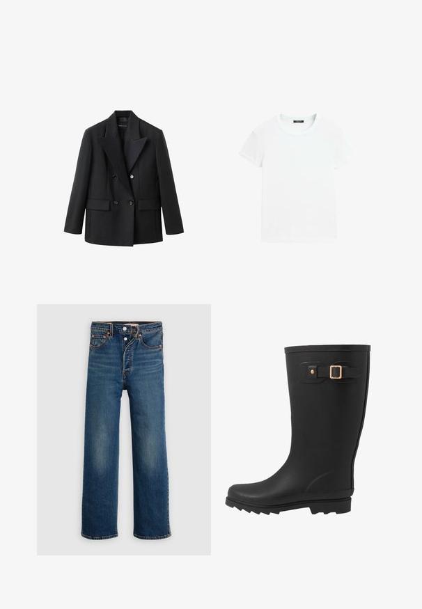 Schwarzer doppelt geknöpfter Blazer mit Reverskragen, zwei Fronttaschen, strukturierter Gestaltung und glatter Stofftextur.; Schlichtes weißes T-Shirt mit kurzen Ärmeln und rundem Halsausschnitt, flach auf weißem Hintergrund ausgelegt.; Dunkelblaue Jeans aus Denim mit lockerem Sitz. Verfügt über fünf Taschen, Knopfverschluss und dezentes Verblassen an den Oberschenkeln.; Schwarzer Gummiregenstiefel mit runder Spitze, strukturiertem Sohlendesign und einem seitlichen Riemen mit einer goldenen Schnalle.