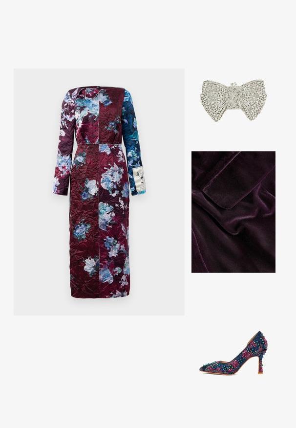Tela de terciopelo en un púrpura profundo con una textura suave y lisa. Presenta un brillo sutil y pliegues, creando profundidad y dimensión.; Vestido de manga larga con estampado floral en burdeos y azul. Material texturizado, corte recto y sutil brillo. Presenta un acento de etiqueta lateral.; Zapato de tacón alto con punta afilada cubierto de tachuelas y púas multicolores en tonos azules, rosas y verdes sobre una suela beige.; Clutch en tono plata con forma de lazo adornado con strass claros y un cierre de cristal en la parte superior.