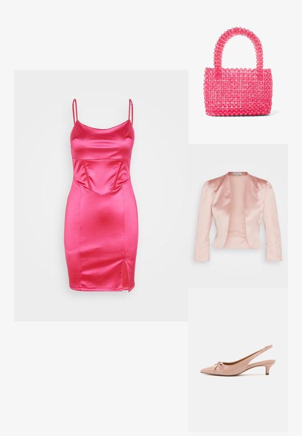 Veste en satin rose clair au design ajusté, col châle, manches longues et ouverture sur le devant, avec une texture lisse et sans fermetures.; WAL G. CALEB CORSET MINI - Robe de soirée - fuchsia; Escarpins à talon slingback en cuir verni rose pâle avec un bout pointu, un détail en nœud à l'avant, et un petit talon. Texture lisse avec une finition brillante.; Petit sac à main rose vif fabriqué à partir de perles rondes translucides avec une anse solide ornée de perles.