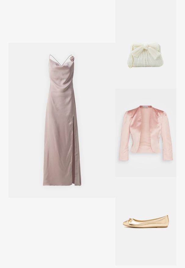 Veste en satin rose clair au design ajusté, col châle, manches longues et ouverture sur le devant, avec une texture lisse et sans fermetures.; Robe sans manches en satin lavande avec un décolleté drapé, accent floral sur l'épaule et une fente sur le côté pour un détail supplémentaire.; Ballerines métalliques dorées avec un bout arrondi, petit nœud décoratif à l'avant, surface lisse et semelle en caoutchouc flexible.; Sac à main plissé blanc avec un nœud proéminent et une chaîne dorée. Texture douce avec un design froncé à l'avant.