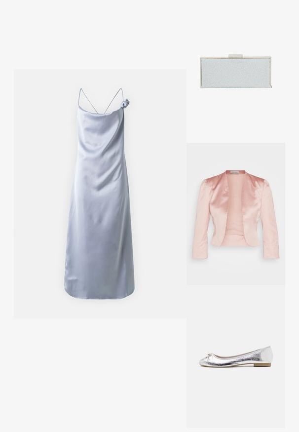Lys pink satinjakke med skræddersyet design, sjalskrave, lange ærmer og åben front, der har en glat tekstur og ingen lukninger.; Lyseblå satin kjole med spaghetti-stropper, en V-udskæring og en dekorativ blomsterdetalje på skulderen. Glat tekstur og tætsiddende form.; Sølv balletflade med metallisk finish, rund tå, sløjfeaccent foran og en lav hæl for ekstra komfort.; Lysblå clutch med en tekstureret overflade, der har klare, hævede dråber. Sølvfarvet hardware ved lukningen øverst, rektangulær form.