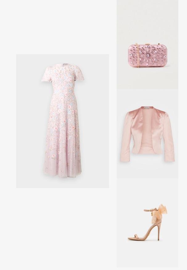 Veste en satin rose clair au design ajusté, col châle, manches longues et ouverture sur le devant, avec une texture lisse et sans fermetures.; Robe longue rose pastel avec manches courtes, ornée d'une broderie florale multicolore complexe et d'une délicate superposition de tissu transparent.; Sandale à talons hauts nude avec un nœud en tissu transparent orné, bride de cheville et un talon aiguille fin. Finition satinée lisse.; Pochette en satin rose avec des embellissements en bijoux, de forme rectangulaire, chaîne dorée et fermeture à fermoir, présentant un design floral en strass.