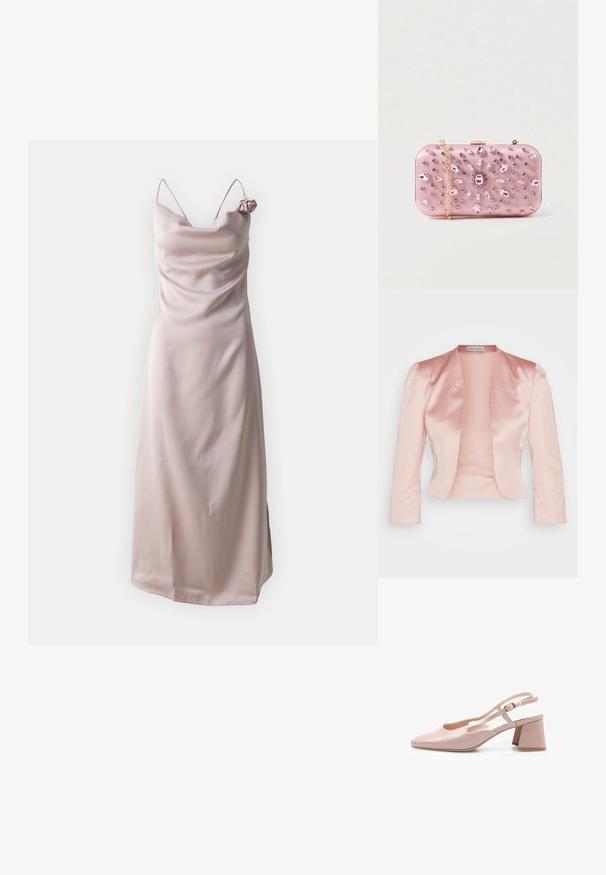 Chaqueta de satén rosa claro con un diseño entallado, cuello chal, mangas largas y un frente abierto, con una textura suave y sin cerraduras.; Vestido de satén en color rosa pálido con tirantes finos y un escote drapeado, que presenta un adorno de rosa en el hombro izquierdo.; Zapato de charol rosa con talón abierto, punta cuadrada, correa ajustable y tacón cuadrado. Superficie suave y diseño minimalista.; Clutch de satén rosa con adornos de joyas, forma rectangular, cadena dorada y cierre de broche, con un diseño floral en strass.