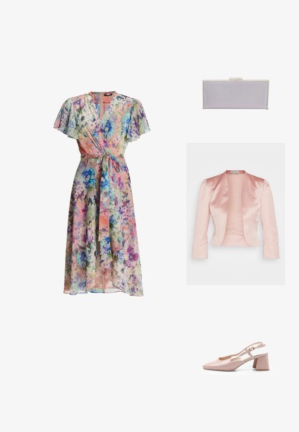 Chaqueta de satén rosa claro con un diseño entallado, cuello chal, mangas largas y un frente abierto, con una textura suave y sin cerraduras.; Vestido cruzado floral con flores en tonos azul pastel, morado y rosa, mangas con volantes, escote en V y cinturón de tela a juego anudado en la cintura.; Zapato de charol rosa con talón abierto, punta cuadrada, correa ajustable y tacón cuadrado. Superficie suave y diseño minimalista.; Clutch rectangular de lavanda hecho de material texturizado con bordes lisos. Presenta un cierre de clasp plateado en la parte superior.