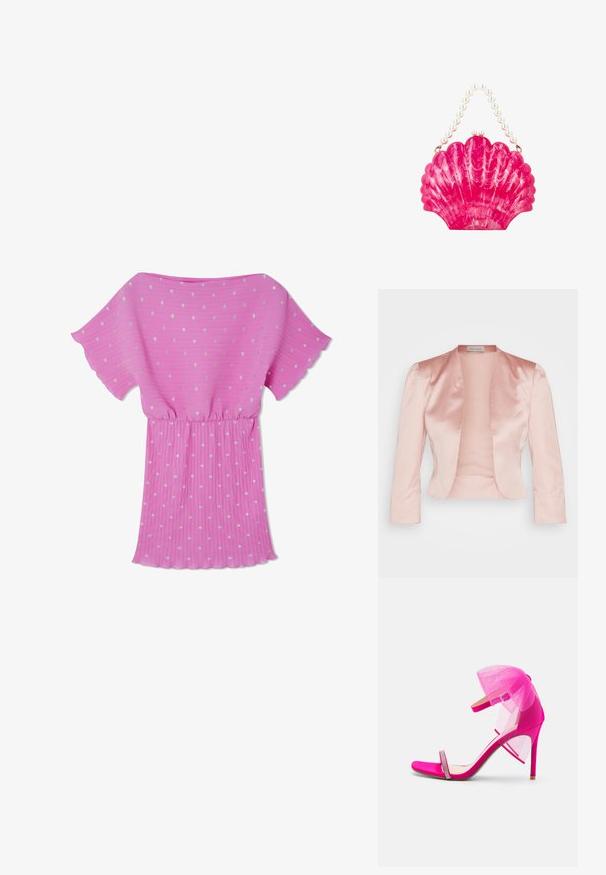 Chaqueta de satén rosa claro con un diseño entallado, cuello chal, mangas largas y un frente abierto, con una textura suave y sin cerraduras.; Vestido rosa con plisados y mangas cortas en forma de volantes, adornado con puntos plateados en toda su superficie y una cintura elástica para un ajuste relajado.; Sandalia de tacón alto en rosa fucsia con acento de tul de malla, punta abierta, tirante delgado en el tobillo y detalles de strass en la parte frontal.; Bolso brillante color rosa con forma de concha, con un patrón marmoleado y un asa hecha de grandes perlas blancas.