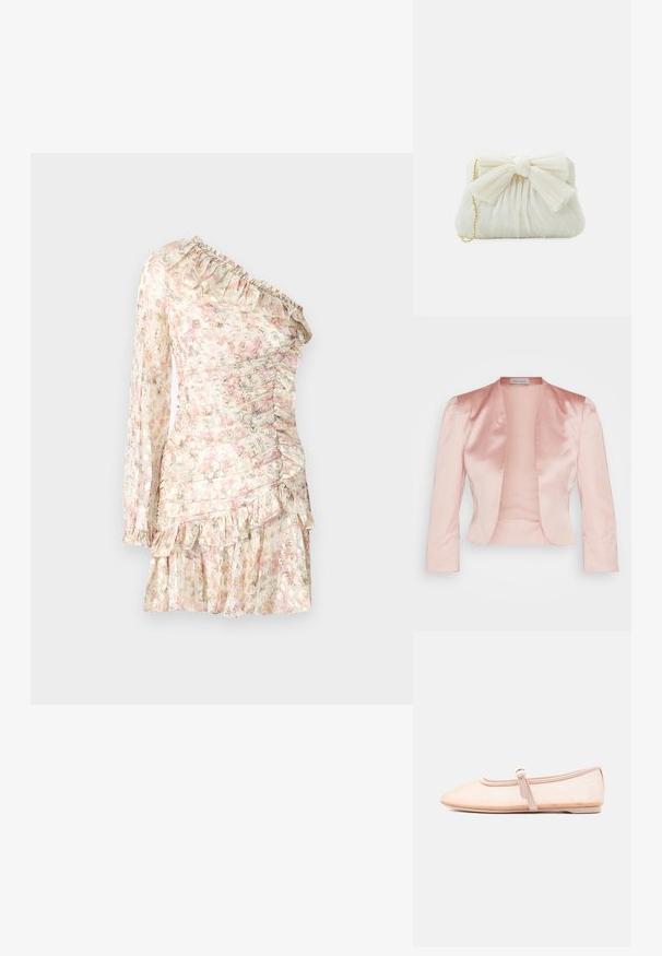 Veste en satin rose clair au design ajusté, col châle, manches longues et ouverture sur le devant, avec une texture lisse et sans fermetures.; Robe à une épaule à imprimé floral en tissu léger, avec volants, manches longues, détails froncés et ourlet à volants dans des tons pastels.; Chaussure plate beige clair avec un bout pointu et une bride latérale avec boucle, présentée sur un fond blanc uni.; Sac à main plissé blanc avec un nœud proéminent et une chaîne dorée. Texture douce avec un design froncé à l'avant.