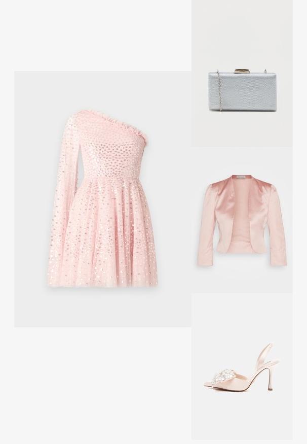 Veste en satin rose clair au design ajusté, col châle, manches longues et ouverture sur le devant, avec une texture lisse et sans fermetures.; Robe rose à une épaule avec une longue manche transparente, décorée de paillettes, avec un col froncé et une jupe évasée.; Escarpins slingbacks en satin rose avec un bout pointu, ornés de détails en cristal transparent à l'avant. Présente un talon aiguille.; Clutch rectangulaire en argent fabriqué en tissu métallique texturé, avec une fermeture à fermoir et une chaîne amovible pour le transport.