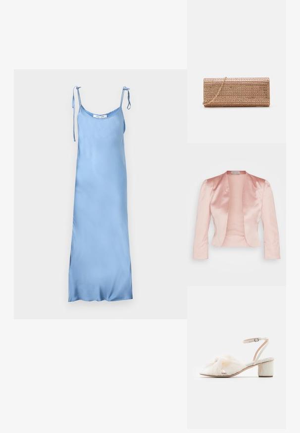 Veste en satin rose clair au design ajusté, col châle, manches longues et ouverture sur le devant, avec une texture lisse et sans fermetures.; Robe nuisette en satin bleu clair avec des bretelles réglables à nouer sur les épaules, un décolleté en auge et une silhouette longue et droite.; Sandale blanche avec un détail en tissu froncé sur le bout, style ouvert, fine bride de cheville, et un talon bloc avec une surface texturée.; Mascara Pochette - rose gold-coloured