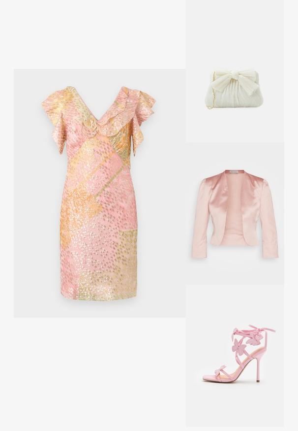 Chaqueta de satén rosa claro con un diseño entallado, cuello chal, mangas largas y un frente abierto, con una textura suave y sin cerraduras.; Vestido rosa adornado con lentejuelas y mangas con volantes, que presenta un patrón geométrico en tonos dorados y pasteles, de longitud corta y textura suave.; Sandal de tacón alto rosa con acentos de mariposa, hecho de material suave. Cuenta con tirantes delgados y un tacón esbelto.; Bolso de mano plisado blanco con un destacado detalle de lazo y una correa de cadena dorada. Textura suave con un diseño fruncido en la parte frontal.