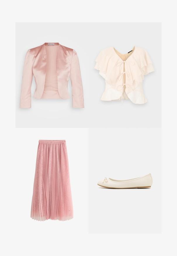 Lys pink satinjakke med skræddersyet design, sjalskrave, lange ærmer og åben front, der har en glat tekstur og ingen lukninger.; Lys pink skjorte med lagdelte flæser, V-udskæring og tre sløjfer foran. Blødt stof og flydende design.; Rosa plisseret midi-nederdel med et lag af blonder under og en rynket talje, vist på en hvid baggrund.; Balletflade i crèmefarve med en rund tå, en lille sløjfedetalje foran og en struktureret beige sål. Glat syntetisk materiale.