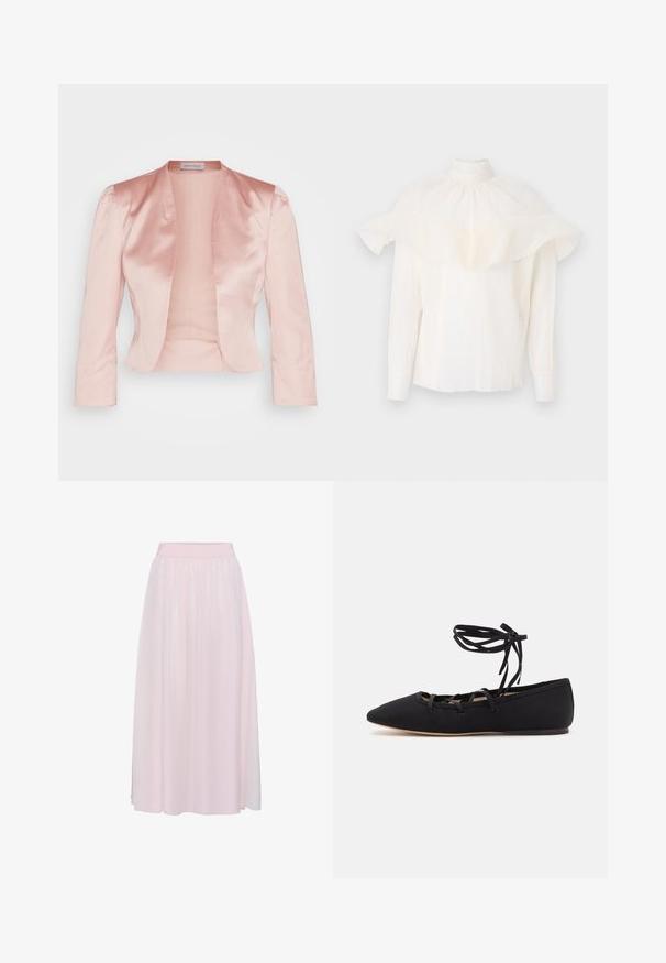 Lys pink satinjakke med skræddersyet design, sjalskrave, lange ærmer og åben front, der har en glat tekstur og ingen lukninger.; Hvid bluse med høj krave, tekstureret stof og overdimensionerede flæseærmer. Lange ærmer med tætsiddende manchetter, afslappet pasform hele vejen igennem.; Lyserød, gulvlængde nederdel lavet af gennemsigtigt stof med en blød, elastisk talje. Har plisseringer for ekstra tekstur og bevægelse.; Loeffler Randall LOUISA LACE UP BALLET FLAT - Ballerinasko m/ rem - black