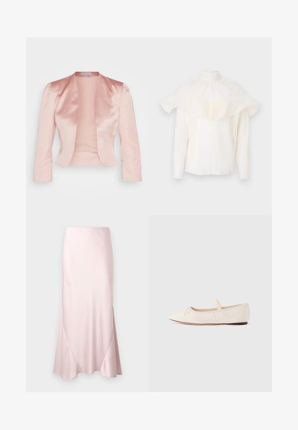 Light pink satin jacket with a tailored design, shawl collar, long sleeves, and an open front, featuring a smooth texture and no fastenings.; White blouse features a high collar, textured fabric, and oversized ruffled sleeves. Long sleeves with fitted cuffs, relaxed fit throughout.; Light pink satin midi skirt with an A-line silhouette and subtle diagonal seam details on a plain background.; Ballet flats with a light beige suede upper, pointed toe, and a thin elastic strap across the vamp. Flat sole with minimal rubber accent.