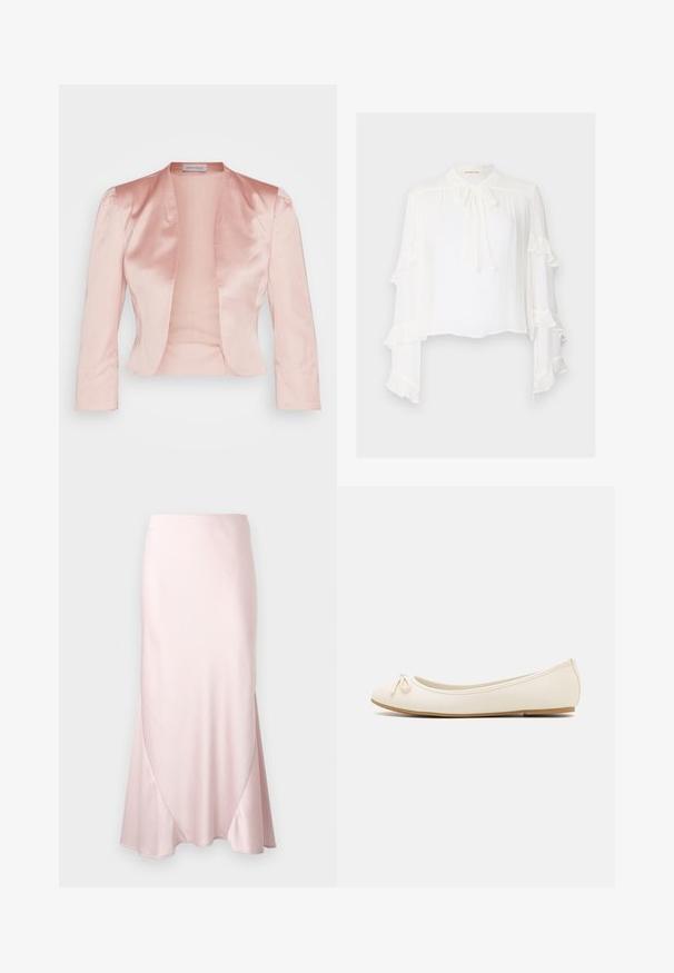 Veste en satin rose clair au design ajusté, col châle, manches longues et ouverture sur le devant, avec une texture lisse et sans fermetures.; Blouse blanche à manches longues évasées avec des bords ondulés. Col montant avec un détail à nouer et tissu léger et texturé.; Jupe midi en satin rose clair avec une silhouette évasée en A et des détails subtils de coutures diagonales sur un fond uni.; Ballet flats de couleur crème avec un bout arrondi, un petit nœud sur le devant et une semelle beige texturée. Matériau synthétique lisse.