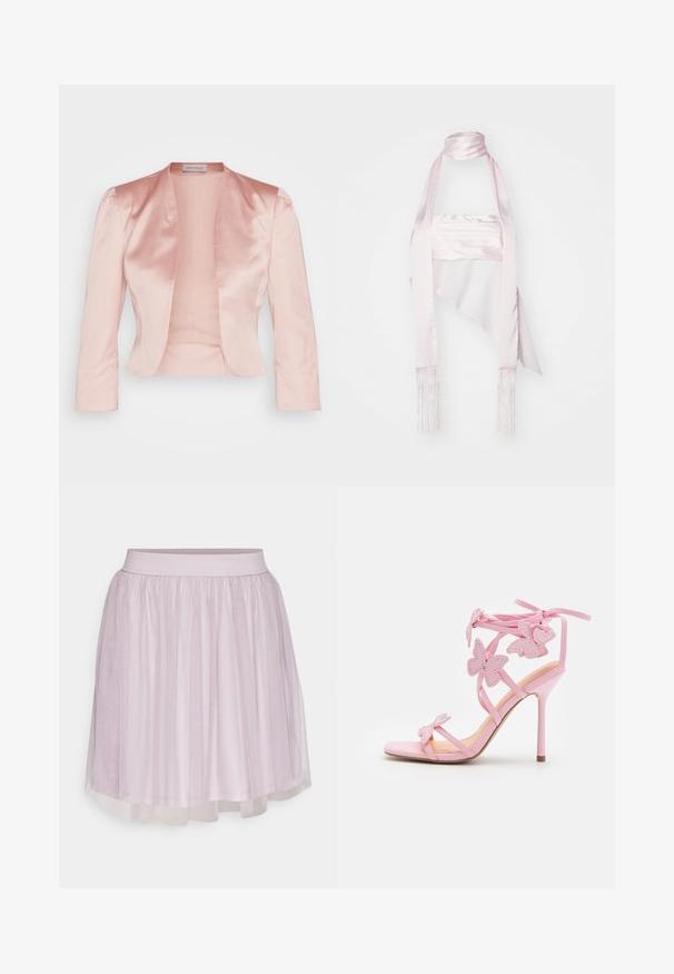 Chaqueta de satén rosa claro con un diseño entallado, cuello chal, mangas largas y un frente abierto, con una textura suave y sin cerraduras.; Bufanda de satén rosa con un diseño largo, que presenta bordes con flecos y un lazo delgado. La textura suave y la forma drapeada realzan su elegancia.; VILA VIDOLL SKIRT - Minifalda - nirvana; Sandal de tacón alto rosa con acentos de mariposa, hecho de material suave. Cuenta con tirantes delgados y un tacón esbelto.