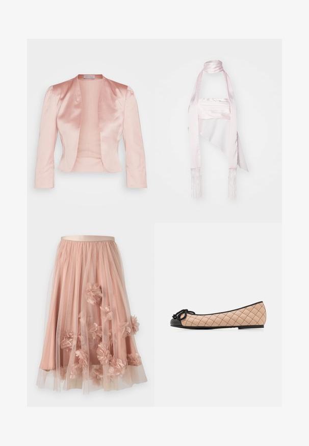 Chaqueta de satén rosa claro con un diseño entallado, cuello chal, mangas largas y un frente abierto, con una textura suave y sin cerraduras.; Bufanda de satén rosa con un diseño largo, que presenta bordes con flecos y un lazo delgado. La textura suave y la forma drapeada realzan su elegancia.; Falda de tul en rosa suave con cinturilla de satén. Cuenta con tela transparente en capas y apliques florales tridimensionales por toda la prenda.; Mocasines de ballet en cuero acolchado beige claro con punta de charol negro y detalle de lazo. Perfil esbelto con acabado mate y costuras sutiles.