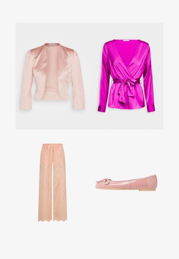 Lichtroze satijnen jack met een op maat ontworpen snit, sjawlnek, lange mouwen en een open voorkant, met een zachte textuur en zonder sluitingen.; Anna Field by Zalando Blouse - purple; Lichtroze wijde broek met een elastische tailleband, voorzien van een decoratief geborduurd patroon en uitsnijdingen in de stof.; Roze gepatineerde leren ballerina's met een ronde neus, touwdetail aan de voorkant en een beige rubberen zool. Gladde, glanzende afwerking overal.
